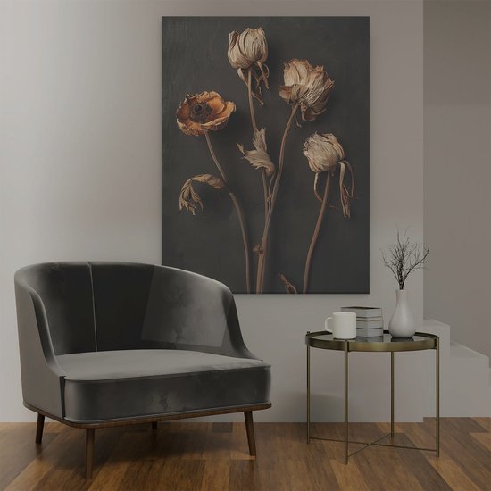 Artaza Tableau sur Toile Trois Fleurs Séchées sur Fond Noir - 90x120 - Décoration murale - Photo sur Toile - Impression sur Toile
