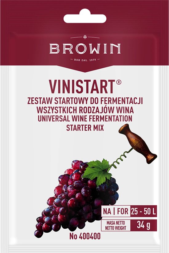Browin Vinistart verpakking met druiven en kurketrekker illustratie. Voor 25-50 L.