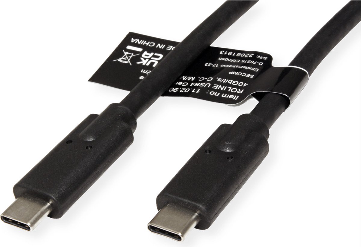 ROLINE USB4 Gen3x2 Kabel, C-C, M/M, 8K UHD-2, 40Gbit/s, 100W, zwart, 0,8 m