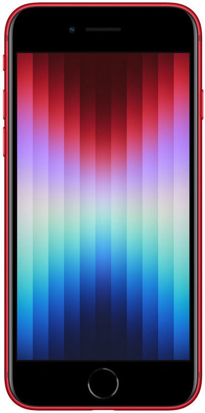 Rode iPhone SE (2022) met een scherm met gekleurde verticale strepen.