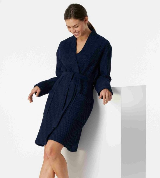 SCHIESSER Essentials badjas - dames badjas wafelpique donkerblauw - Maat: XL