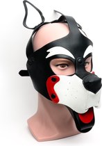 665 Leather - Hood - Puppy Play Masker - PU Leer - Nikkelvrij - Zwart Rood Wit - One Size