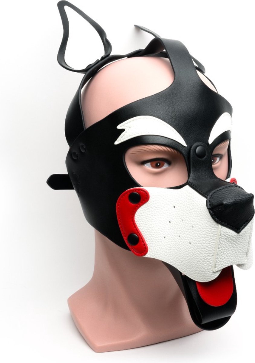 Goedkoopste 665 Leather - Puppy Hood van PU Leer - Masker - Playful Pup Hood - Zwart Wit Rood - One Size