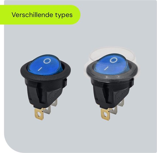 Twee identieke blauwe, ronde wipschakelaars. Eén toont "O" (uit), de andere "I" (aan). "Verschillende types."