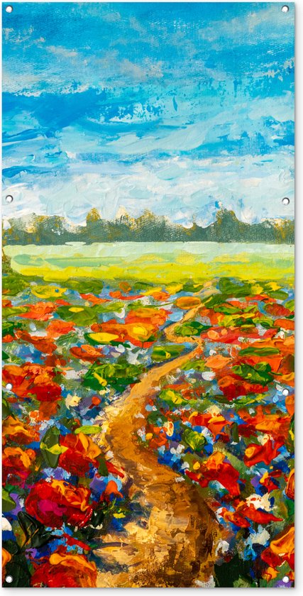 Tuinposter 80x160 cm - Tuindecoratie Schilderij - Olieverf - Bloemen - Natuur - Poster voor in de tuin - Buiten decoratie - Schutting tuinschilderij - Tuindoek muurdecoratie - Wanddecoratie balkondoek