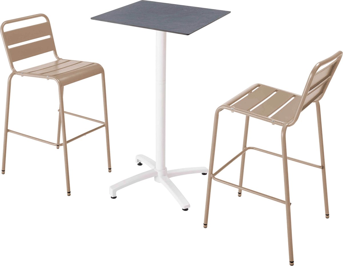 Oviala - Set hoge grijze laminaat tafel en 2 hoge taupe stoelen