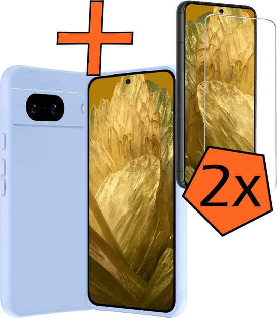 Coque Compatible avec Google Pixel 8a Coque Siliconen Cover Case avec 2x Protecteur d'écran - Coque Compatible avec Google Pixel 8a Cover Back Case - Bleu Clair