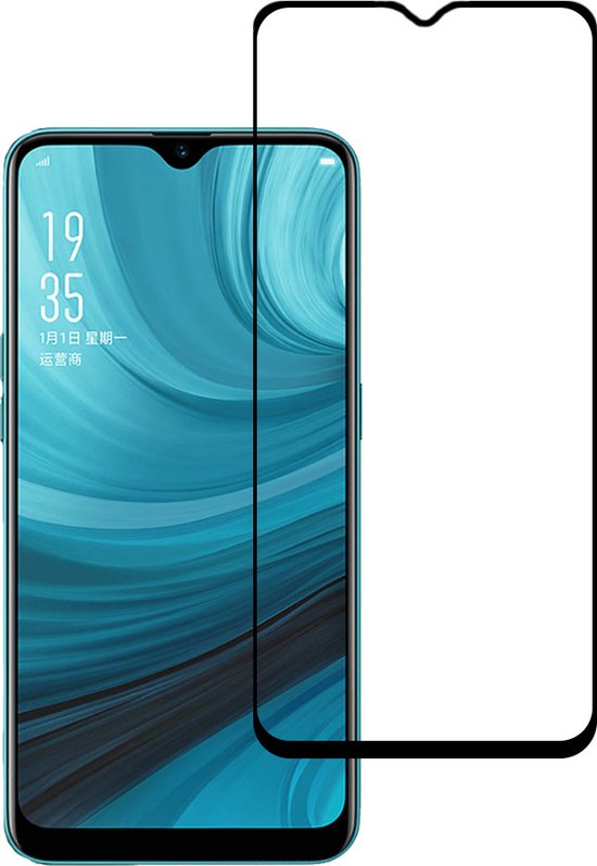 Een doorzichtige screenprotector met zwarte randen ligt op een smartphone met een blauwgroen behang.