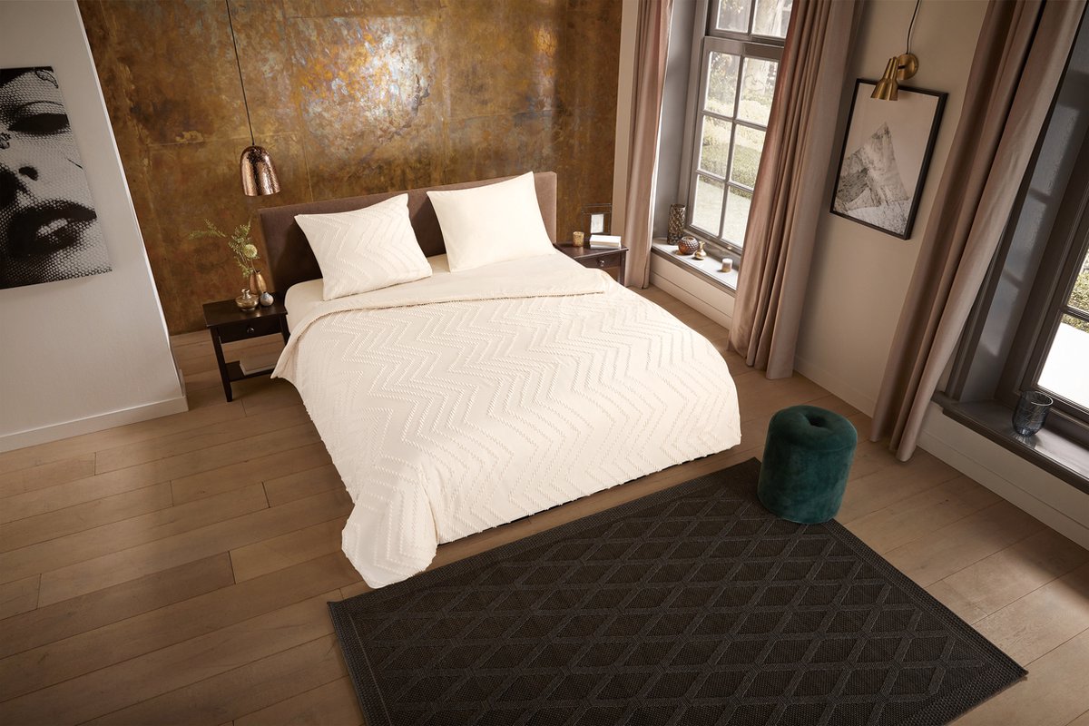 Pure dekbedovertrek luxe zizag biezen/ borduursels - Lits jumeaux 240x200/220 cm - Ecru - Microvezel