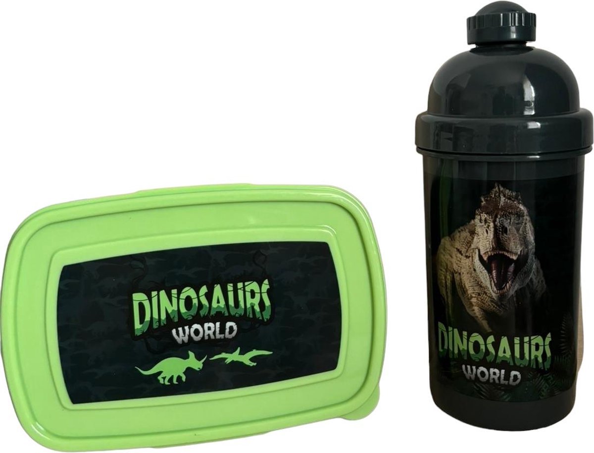 Paso waterfles en broodtrommel - bidon - lunchbox - drinkfles - 550 ml - 18,5x13x6cm - dinosaurus