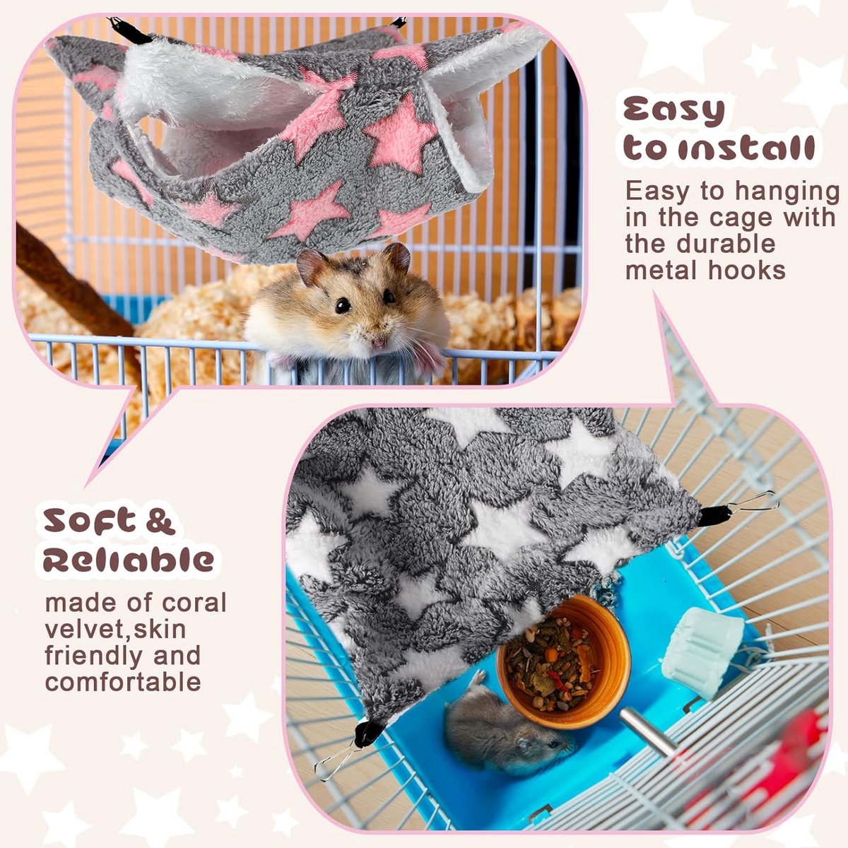 Yanmucy Rattenhangmat dubbellaags fleece cavia-hangmat huis warme zachte ratten hangmatten voor kooi-accessoires fretten schuilplaats fret hamster hangmat voor kleine dieren spelen slapen (grijs