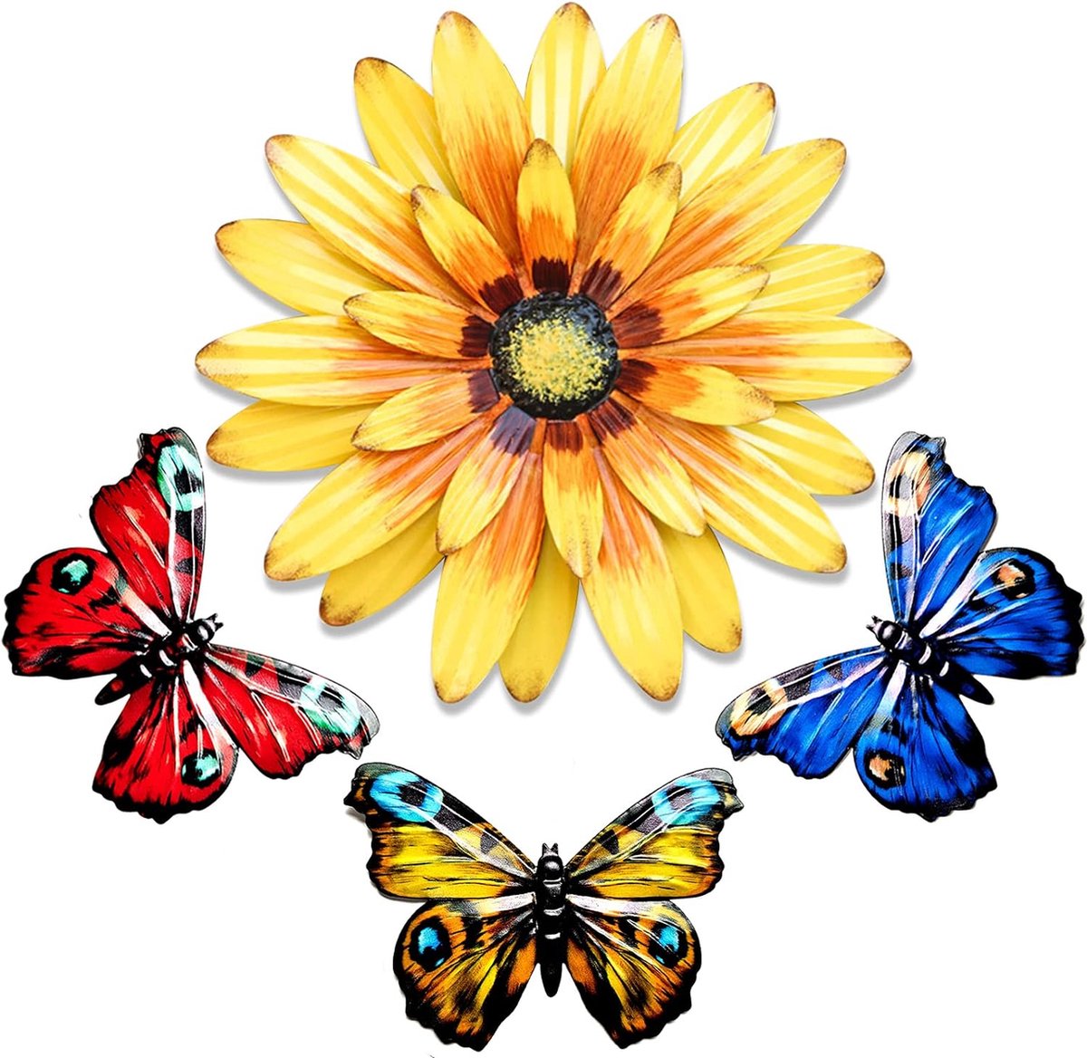 Metalen zonnebloem en vlinder wanddecoratie 32 cm ijzergele bloem met 3 vlinders hangende sculpturen decoratie voor tuinhek garage patio veranda slaapkamer 3-laags bloembladdesign