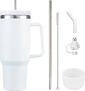 Tasse à café à emporter 1200 ml 40 oz, tasse d'isolation sous vide à double paroi en acier inoxydable avec poignée et paille, tasse de voiture, tasse thermique, tasse à café pour boissons chaudes et froides, 01 blanc