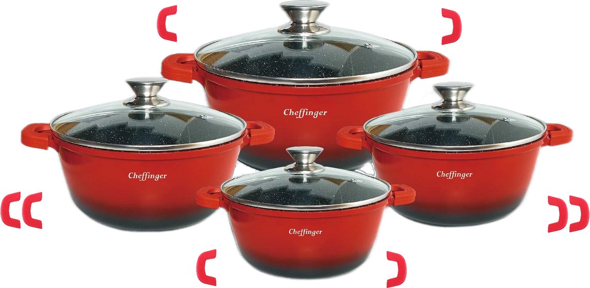 Cheffinger Pannenset met Deksel - 8-delig - Rood - Ø20/24/28/32cm - Inductie