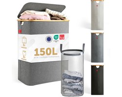 Blumtal Wasmand 150L - Wasmand met 3 uitneembare waszakkken - Wasmand met 3 vakken - Smalle wasmand - Flesverzamelaar - Wasmand met deksel - Grijs