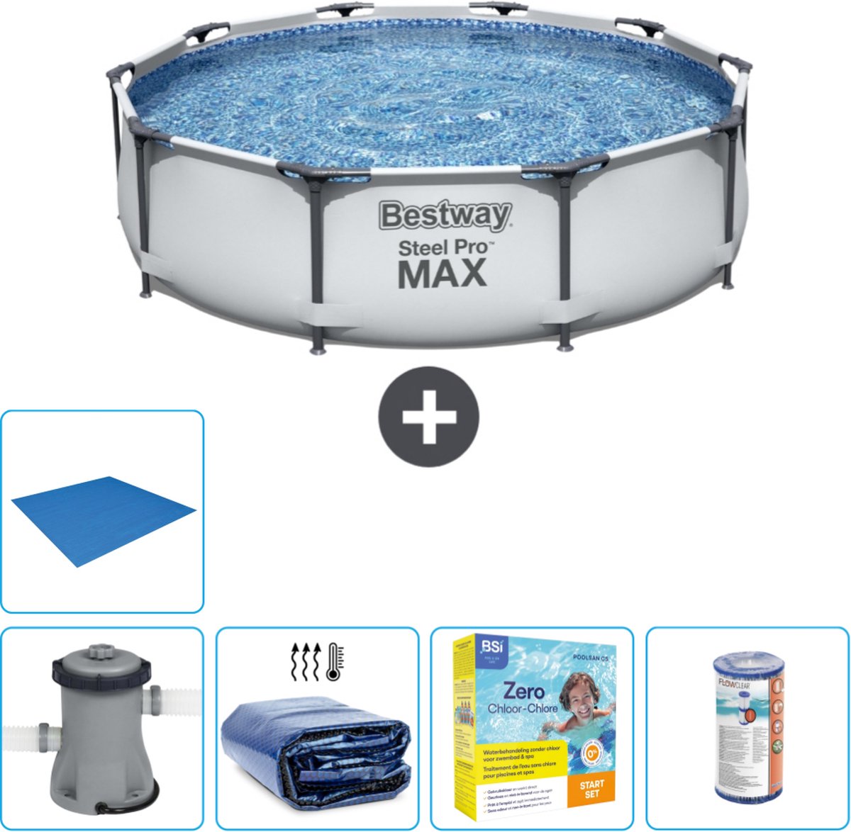 Bestway Rond Steel Pro MAX Zwembad – 305 x 76 cm – Grijs – Inclusief Pomp Solarzeil – Onderhoudspakket – Filter – Grondzeil Bestway Rond Steel Pro MAX Zwembad – 305 x 76 cm – Grijs – Inclusief Pomp Solarzeil – Onderhoudspakket – Filter – Grondzeil