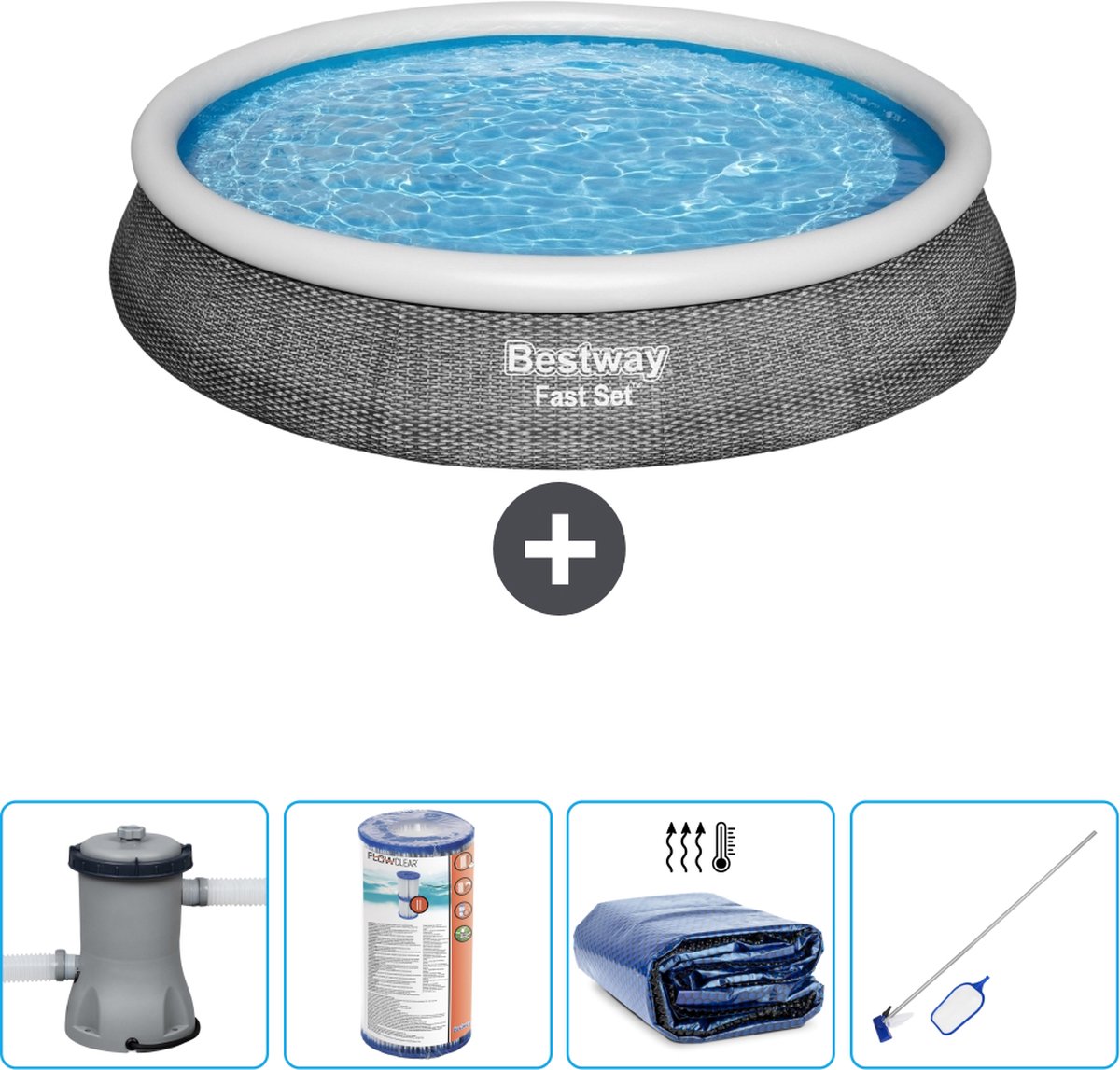 Bestway Rond Opblaasbaar Fast Set Zwembad – Rotanprint – 396 x 84 cm – Inclusief Pomp Filter – Solarzeil – Schoonmaakset Bestway Rond Opblaasbaar Fast Set Zwembad – Rotanprint – 396 x 84 cm – Inclusief Pomp Filter – Solarzeil – Schoonmaakset