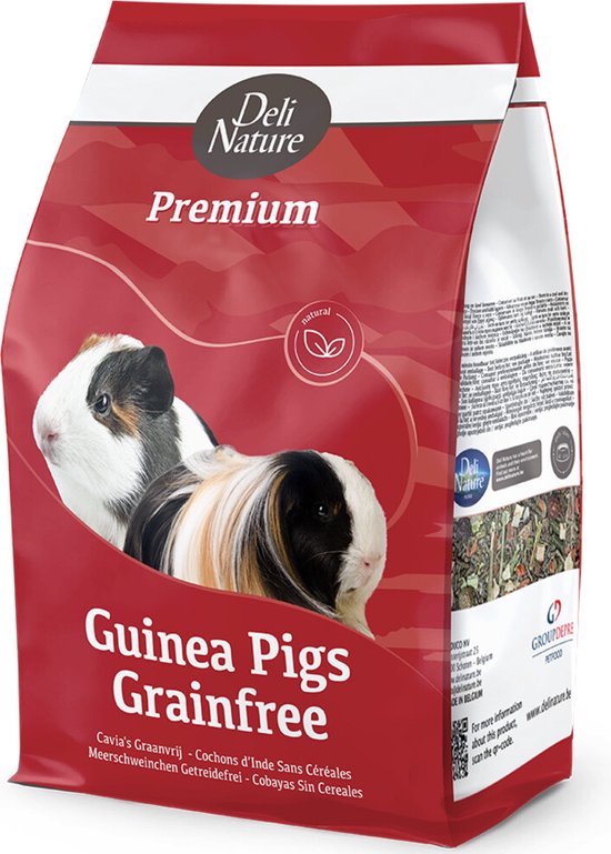 Rode verpakking van Deli Nature Premium Caviavoer Graanvrij 3kg, met twee cavia's afgebeeld.