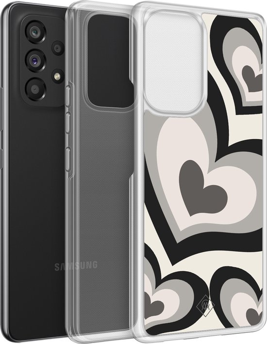 Coque Casimoda® - Convient pour Samsung Galaxy A52 5G - Heart Swirl Zwart - Coque 2 en 1 - Antichoc - Illustration - Bords surélevés - Zwart, Transparent