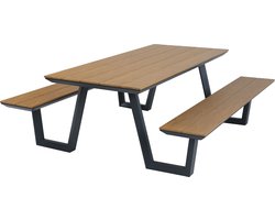 AXI Nori Picknicktafel met 2 banken Antraciet met Teak-look Polywood – Gepoedercoat aluminium frame – Tafel en banken met Polywood tafelblad en zitvlak - 200x190cm