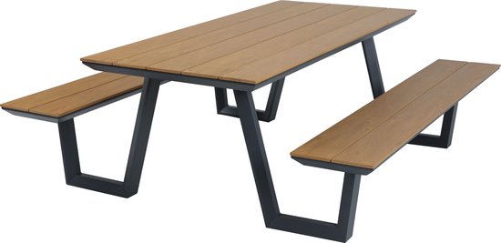 AXI Nori Picknicktafel met 2 banken Antraciet met Teak-look Polywood – Gepoedercoat aluminium frame – Tafel en banken met Polywood tafelblad en zitvlak - 200x190cm