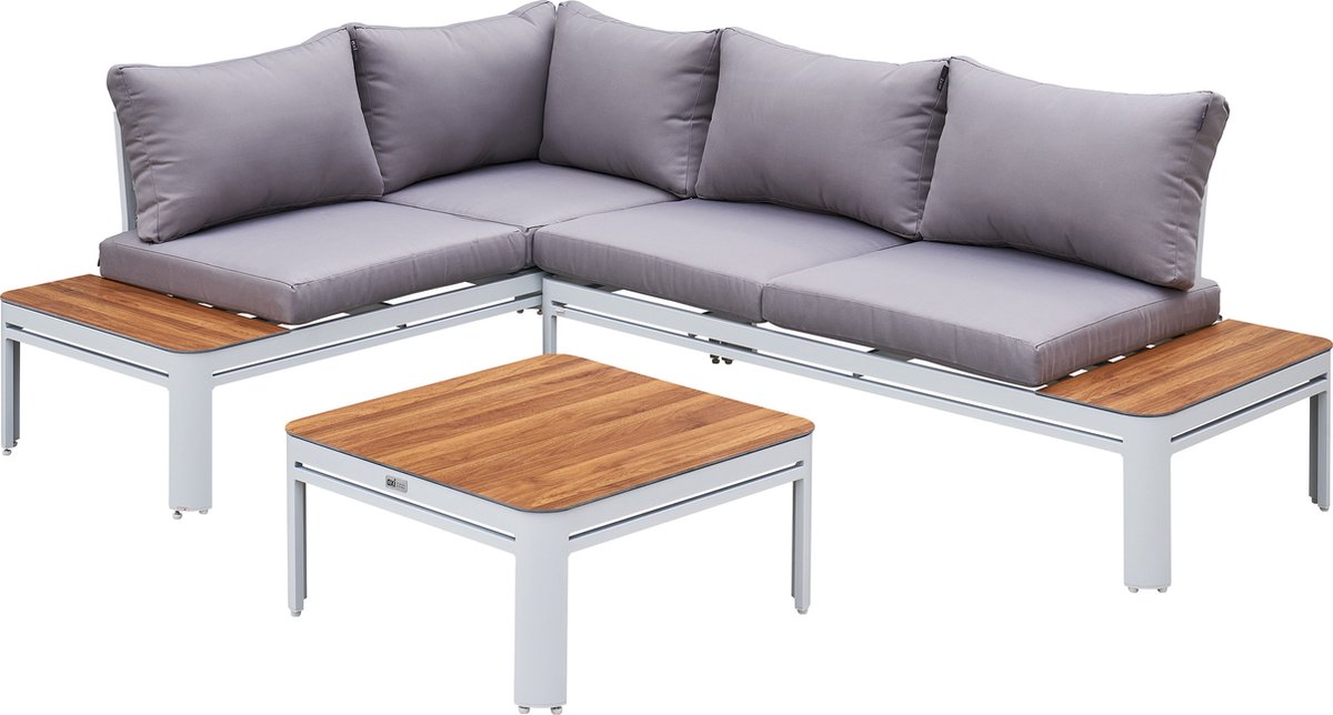 AXI Eos Loungeset met ligbed Wit met Hout-look PSPC – Hoekset met tafel - Gepoedercoat aluminium frame – Geïntegreerd ligbed - PSPC tafelblad