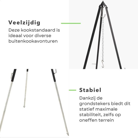 Driepoot Standaard - Stabiel Buiten Koken - 150cm - In Hoogte Verstelbaar - Camping - BBQ Statief - Tripod - Extra Sterk - Grondstekers - Metaal - Kookstatief — afbeelding 5