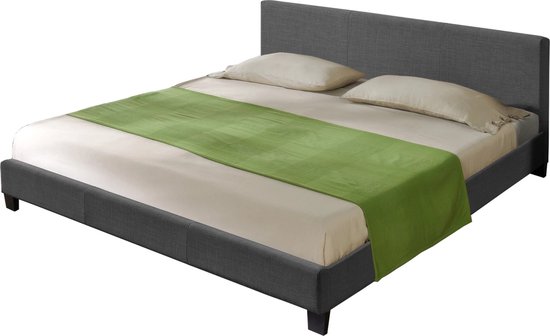 In And OutdoorMatch Houten Bed Maryam - Stof - Met Bedbodem - 140x200 cm - Donkergrijs - Modern Design