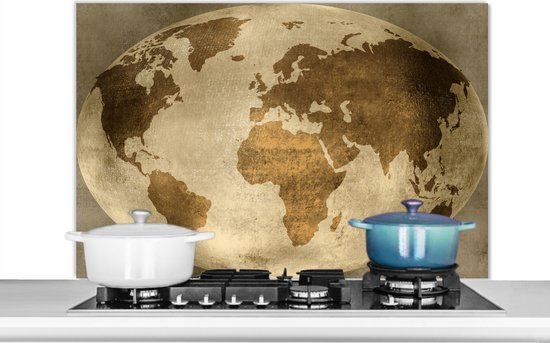 Foto: Spatscherm keuken 100x65 cm kookplaat achterwand wereldkaart wereldbol vintage muurbeschermer spatwand fornuis hoogwaardig aluminium