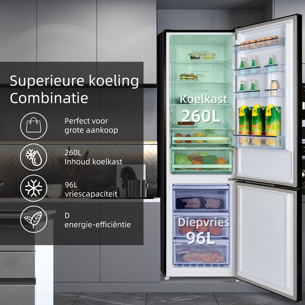 CHiQ FBM351NEI42 - Koel-vriescombinatie - 356 Liter - No Frost - Stil 35dB - Inverter Compressor - Digitaal LED Display - 12 Jaar Garantie op Compressor - D Energielabel — afbeelding 3