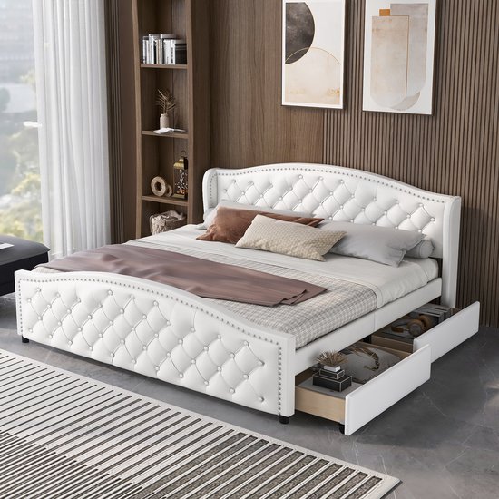 Sweiko Gestoffeerd bed 180*200cm met lattenbod en hoofdeinde, tweepersoonsbed, opbergbed met 2 laden, gestoffeerd bed met hoog hoofdeinde, beddoos, houten lattenbod, PU, wit