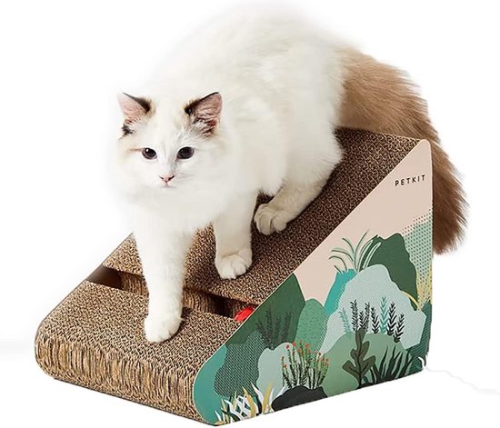 ScratchMe Kattenkrabber met kattenspeelgoed, balbaan, ingebouwde bal, L-vormige krabber, kartonnen loungebed, stabiel en duurzaam, meubelbeschermer, omkeerbaar