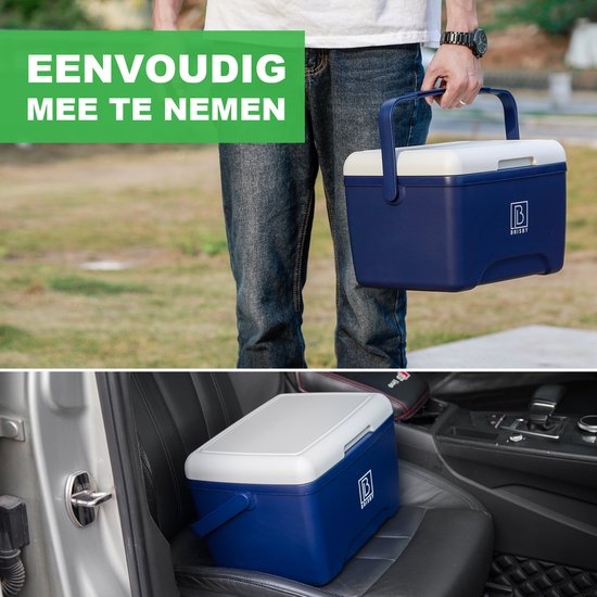 Bovenste afbeelding: man draagt blauwe koelbox. Onderste afbeelding: koelbox in een auto.