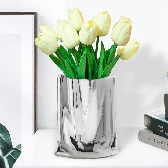 Set van 10 kunst PU-tulp met vaas Real Touch huis- en woonkamerdecoratie (lichtgeel)