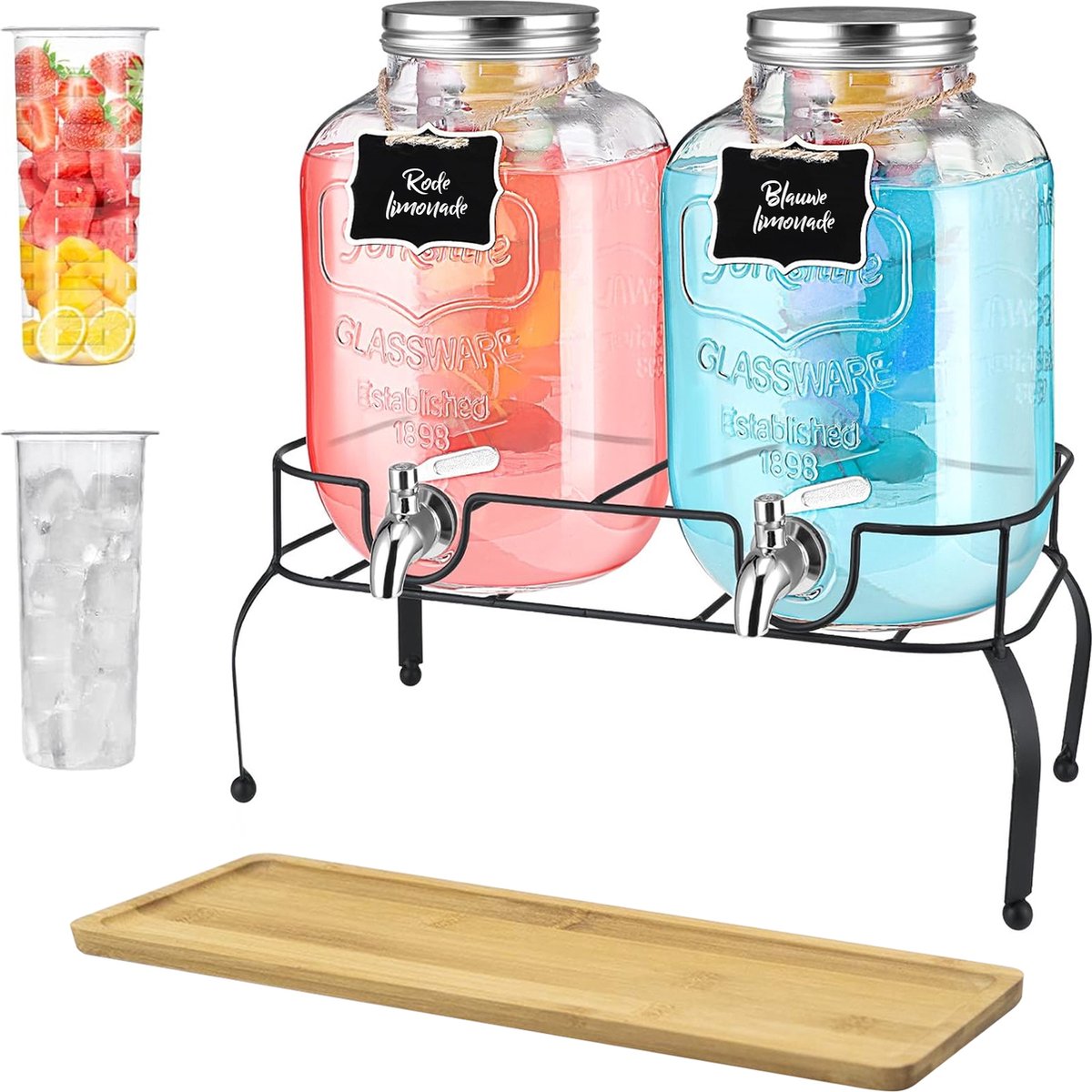 Bar Dedicated -Luxe set Glazen Drankdispensers Perfect voor zomerfeesten en BBQ met Bamboe Lekplankje en Inclusief Standaard Sapdispenser