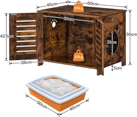 GOPLUS 3-in-1 kattenkast, kattentoilette met 2 deuren & afneembare poten & uitneembare krabplank, kattenhol bijzettafel tv-standaard voor 2 katten, 120x52x65cm (grijs