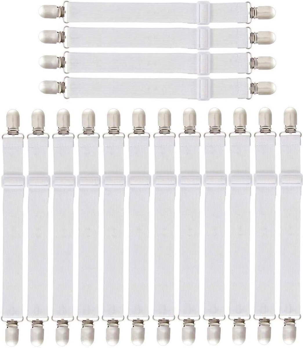 16 stuks verstelbare hoeslakenspanners verstelbare elastische bedlakenspanners lakspanners met metalen clips matrasspanner voor laken matras (16 stuks wit)
