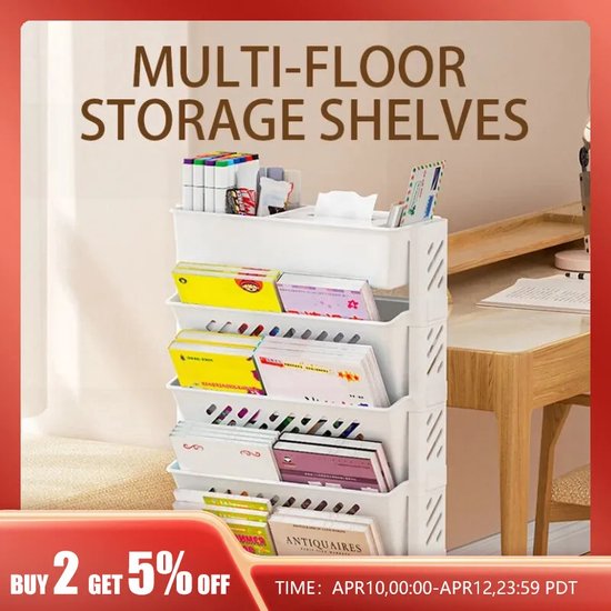 Verplaatsbare Boekenplankwagen Draaibare Verwijderbare Plastic Multifunctionele Rolwagen Deskside Boekenplank Bureau-organizer met Wielen (5 laags