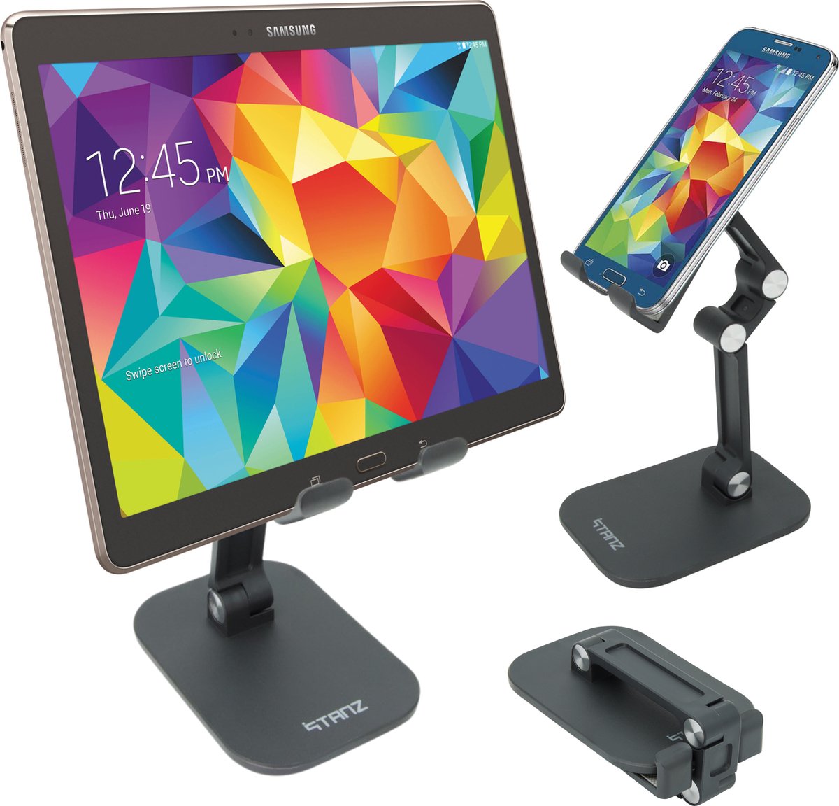 Stanz Telefoonstandaard - XL Standaard Voor Tablet en Telefoon - Bureau Accessoires - Tablethouder - Verstelbaar - Inclusief 3 Webcamcovers - Zwart