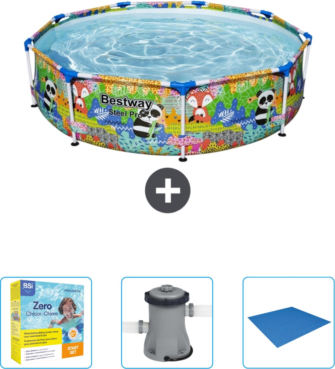 Bestway Rond Steel Pro Zwembad – 274 x 66 cm – Dierenprint – Inclusief Onderhoudspakket – Pomp – Grondzeil