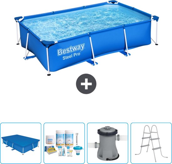 Bestway Rechthoekig Steel Pro Zwembad - 259 x 170 x 61 cm - Blauw - Inclusief Afdekzeil - Onderhoudspakket - Pomp - Ladder
