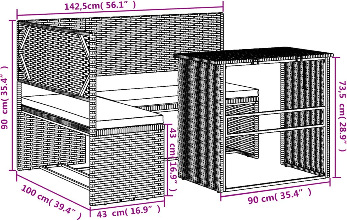 vidaXL - Tuinbank - met - tafel - en - kussens - L-vormig - poly - rattan - grijs thumbnail 5