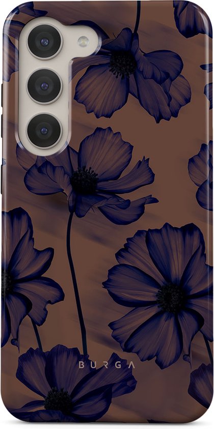Coque de téléphone marron avec un imprimé floral bleu foncé intégral, nom de marque "BURGA".