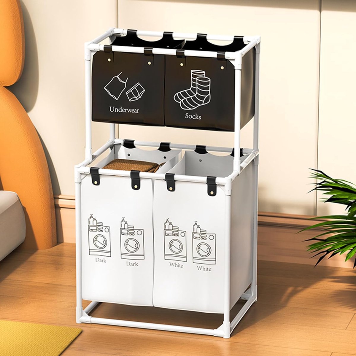 Goedkoopste Wasmand 4 vakken, wassorteerwagen, wasverzamelaar met plank, wasbox, waszak Oxford-stof, wasmand