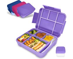 Kinderlunchbox met vakken, 1300 ml lunchbox kinderen, lekvrije bentobox, kinderlunchbox voor kleuterschool en school (paars)