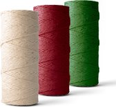 Jute koord set 3 kleuren, (3 x 2.5mm x 90m, groen, wijnrood en ecru); ideaal voor allerlei knutselwerkjes, verpakkingstouw, versiertouw of bloemschiktouw