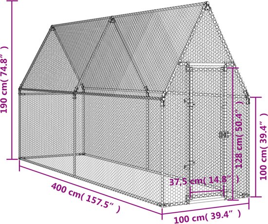 Kippenhok 400x91x100 cm gegalvaniseerd staal grijs | -nl