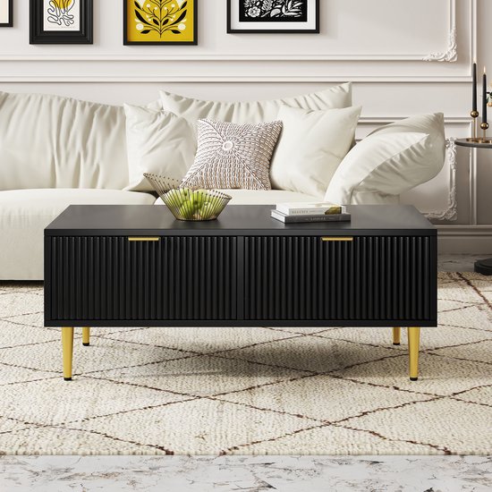 Sweiko Table basse élégante noire avec décoration dorée, 2 tiroirs, design à rayures verticales, 100*50*40 cm, table basse, meuble de rangement de salon, table basse de canapé