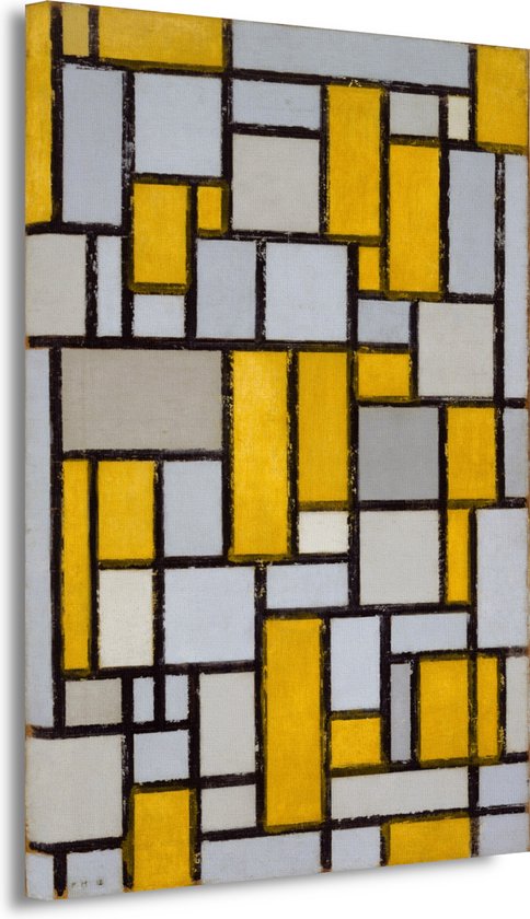 Compositie met raster 1 - Piet Mondriaan wanddecoratie - Abstracte kunst schilderijen - Muurdecoratie Oude meesters - Klassiek schilderijen - Canvas keuken - Woonkamer accessoires 50x70 cm