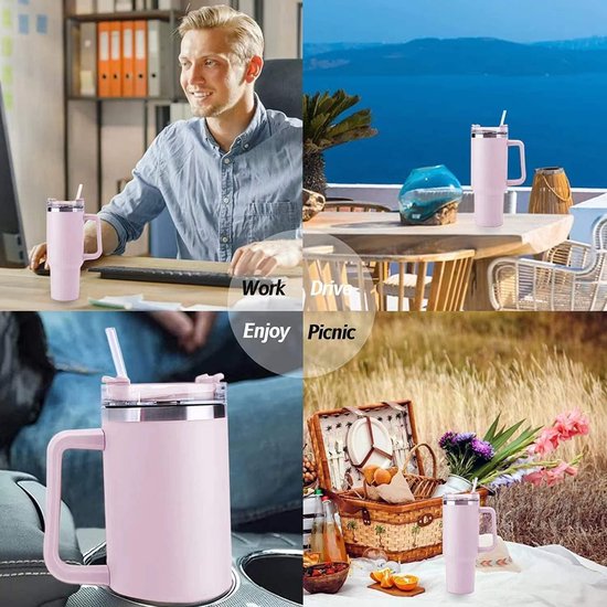 PRAOAHEI Thermobeker met rietje en handvat, lekvrije drinkbeker met deksel, dubbelwandige roestvrijstalen warme en koude vacuüm beker, koffiebeker voor thuis en buiten, 40 oz/1180 ml, zwart